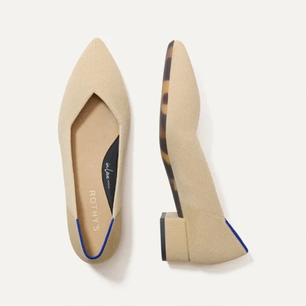 Rothy's Beige Pointed Low Block Heels with Blue Trim